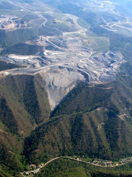 An aerial view of Kayford Mountain shows a valley fill (center of the photo). Photo by Vivian Stockman. Flyover courtesy SouthWings.org.