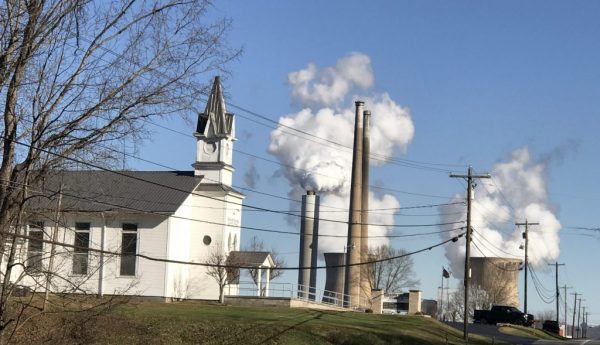 Power plant, electric lines and church